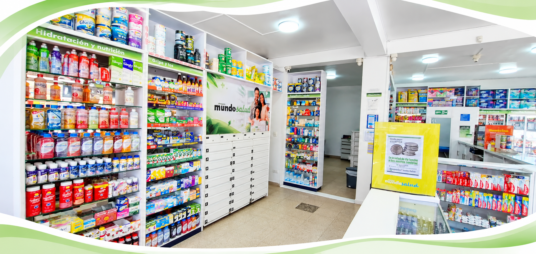 farmacia moderna con ondas verdes